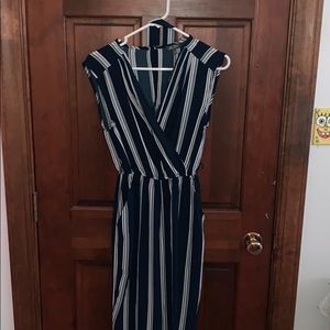 navy blue and white stripped jumpsuit with tie